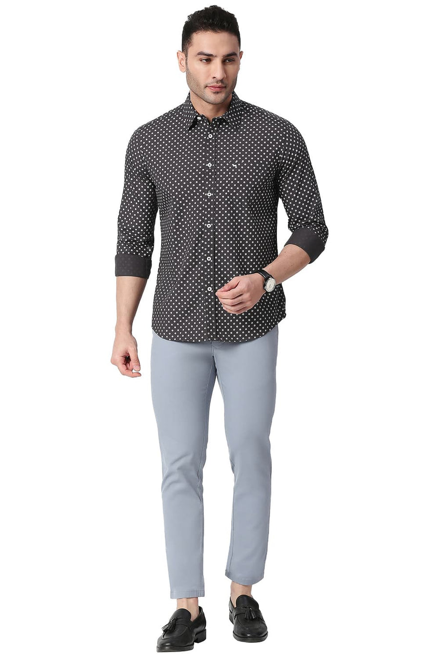 BASICS SLIM FIT DARK GREY COTTON POPLIN PRINTED SHIRT