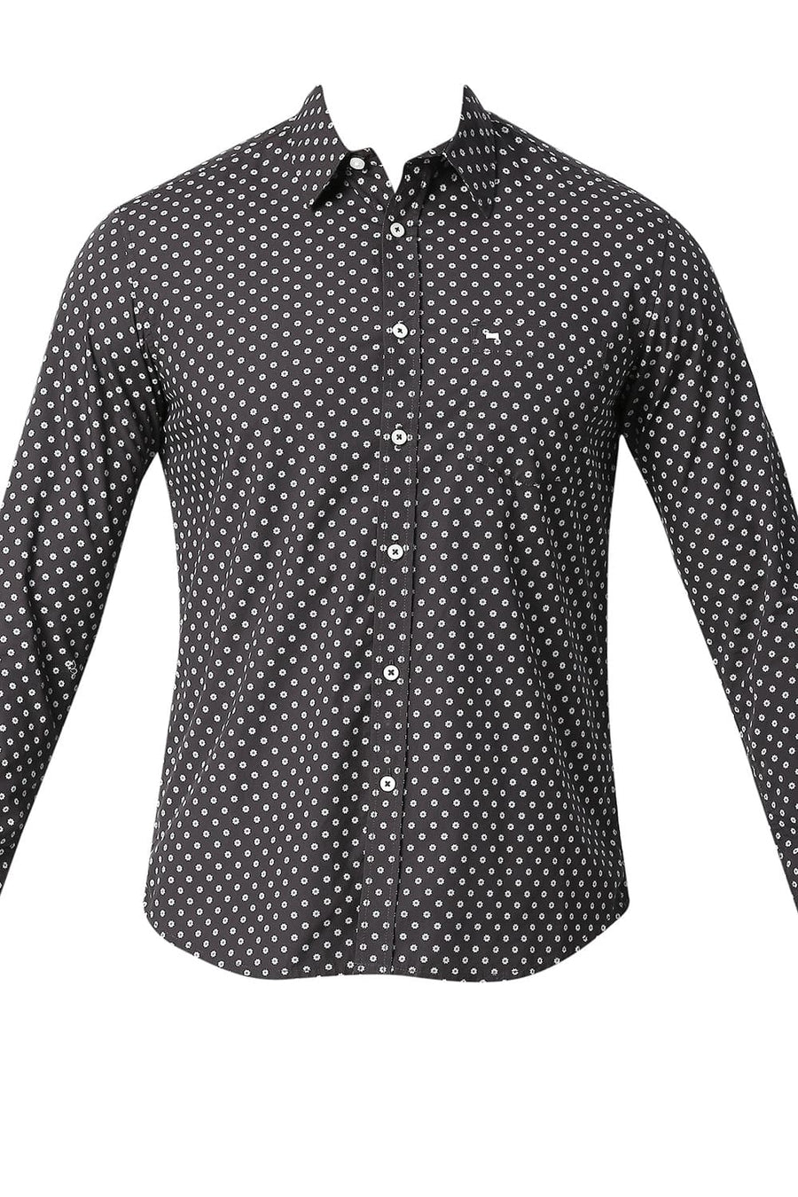 BASICS SLIM FIT DARK GREY COTTON POPLIN PRINTED SHIRT