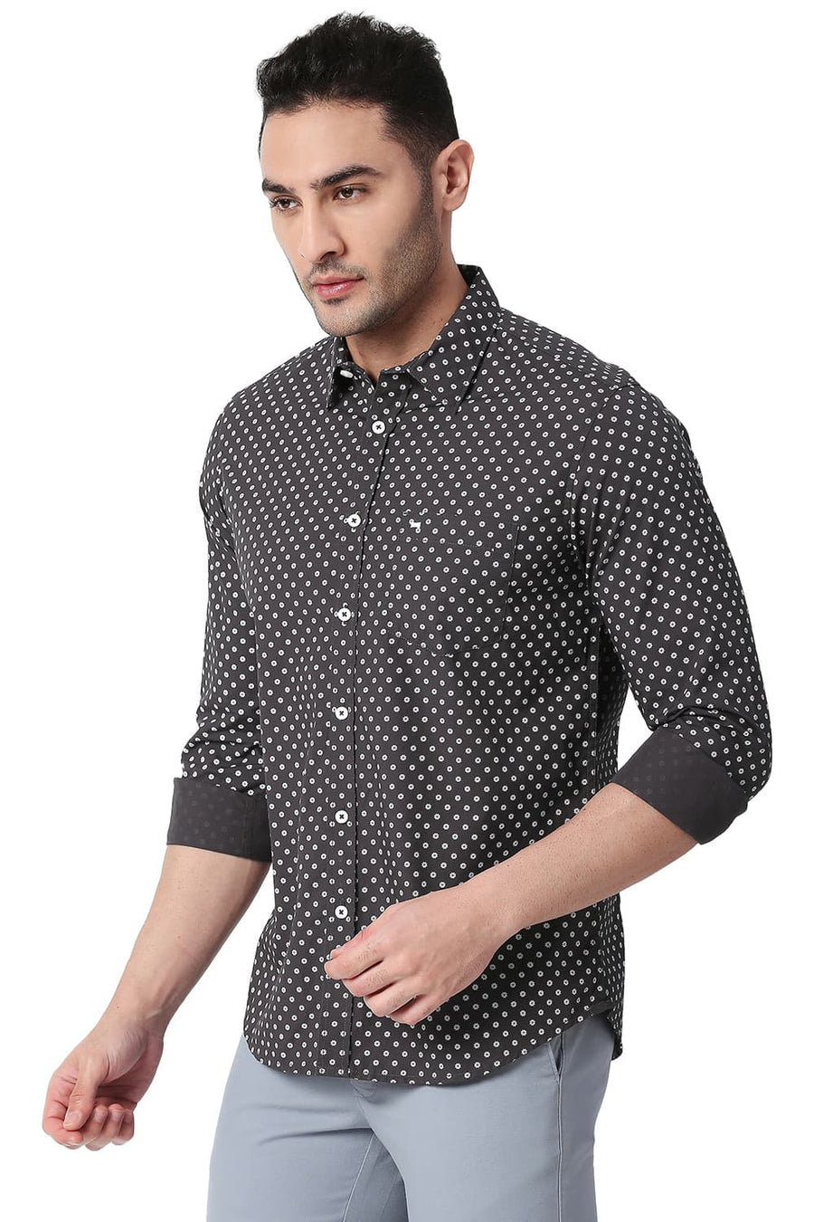 BASICS SLIM FIT DARK GREY COTTON POPLIN PRINTED SHIRT