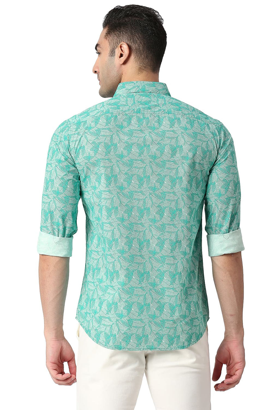 BASICS SLIM FIT DEEP GREEN COTTON POPLIN PRINTED SHIRT