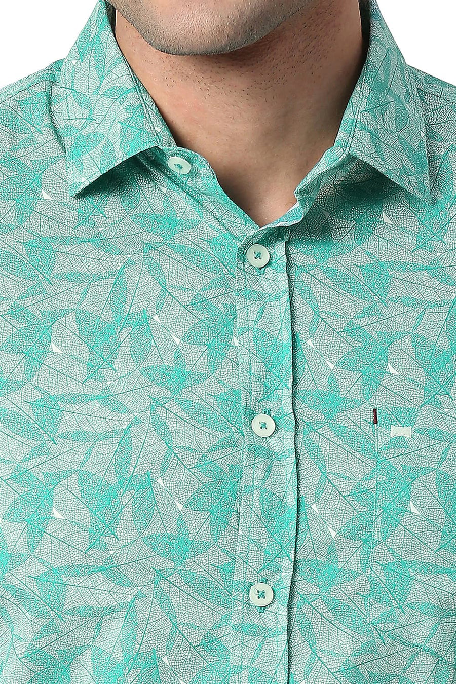 BASICS SLIM FIT DEEP GREEN COTTON POPLIN PRINTED SHIRT