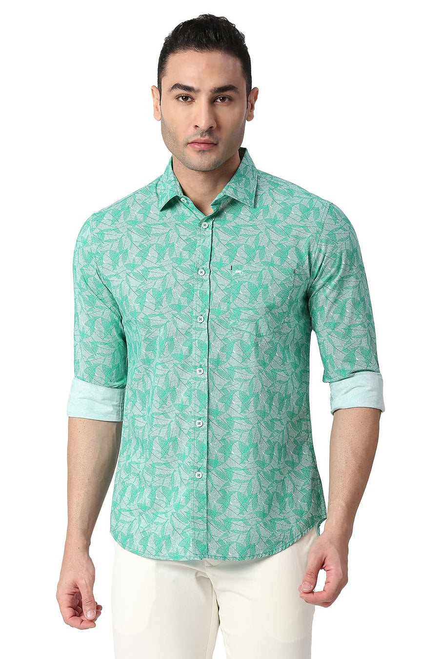 BASICS SLIM FIT DEEP GREEN COTTON POPLIN PRINTED SHIRT