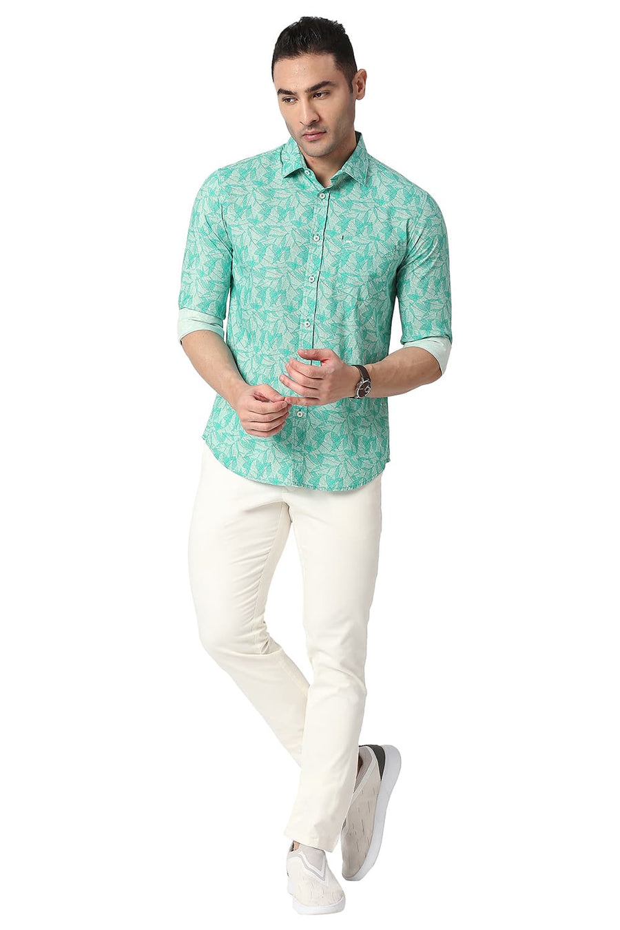 BASICS SLIM FIT DEEP GREEN COTTON POPLIN PRINTED SHIRT