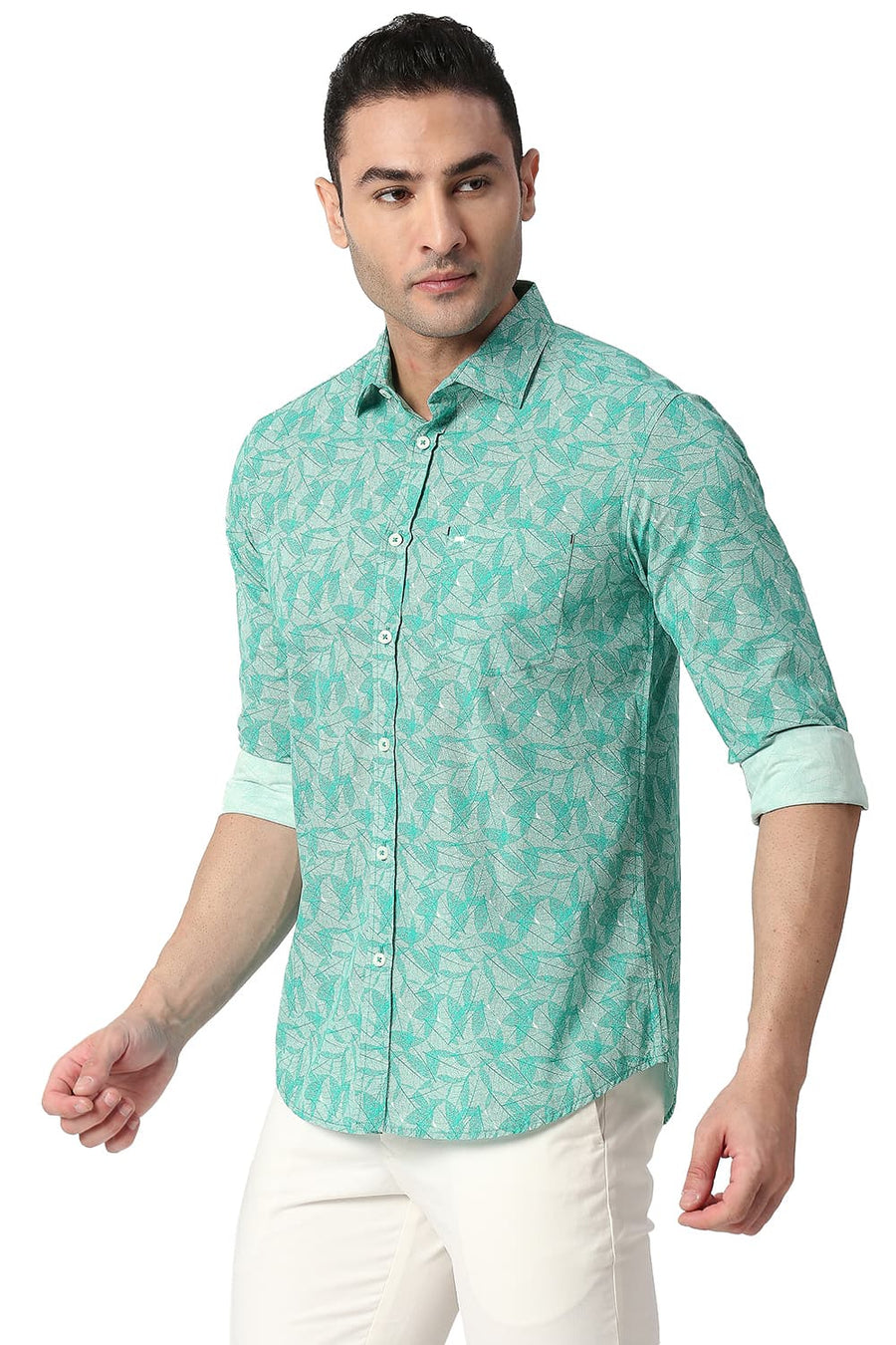 BASICS SLIM FIT DEEP GREEN COTTON POPLIN PRINTED SHIRT