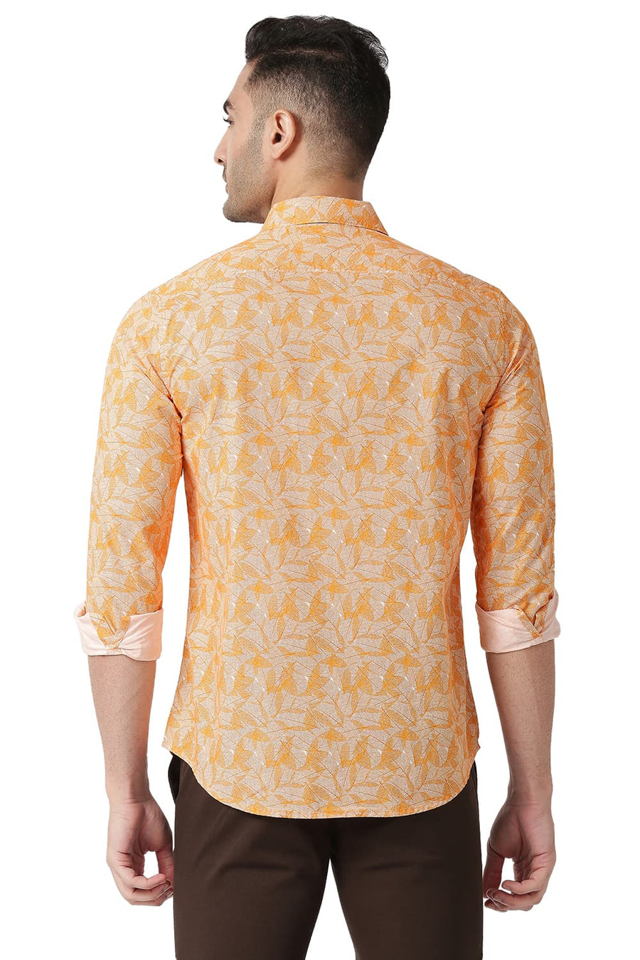 BASICS SLIM FIT APRICOT ORANGE COTTON POPLIN PRINTED SHIRT
