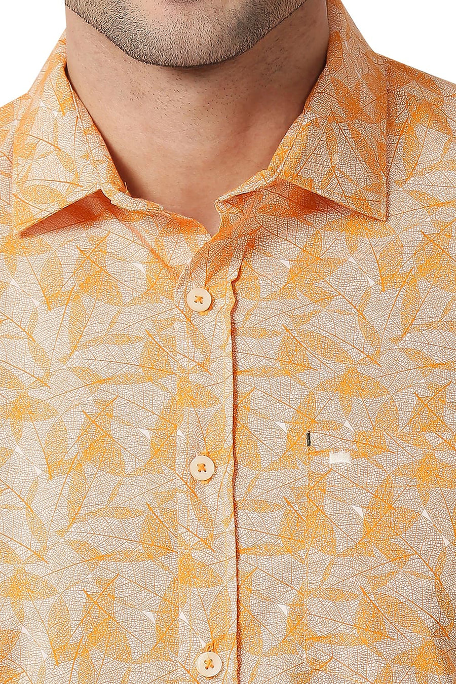 BASICS SLIM FIT APRICOT ORANGE COTTON POPLIN PRINTED SHIRT
