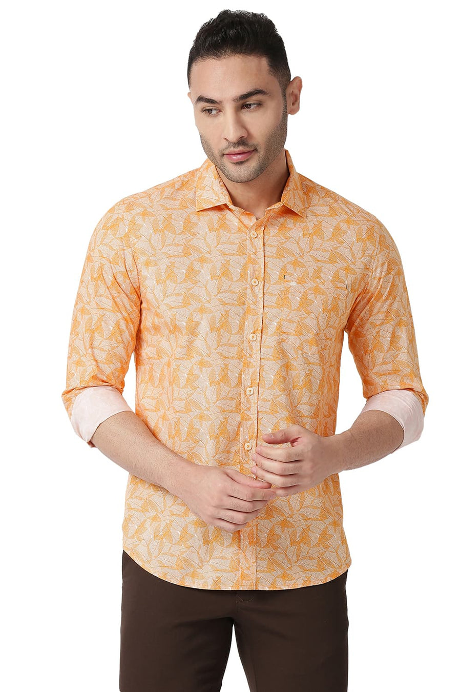 BASICS SLIM FIT APRICOT ORANGE COTTON POPLIN PRINTED SHIRT