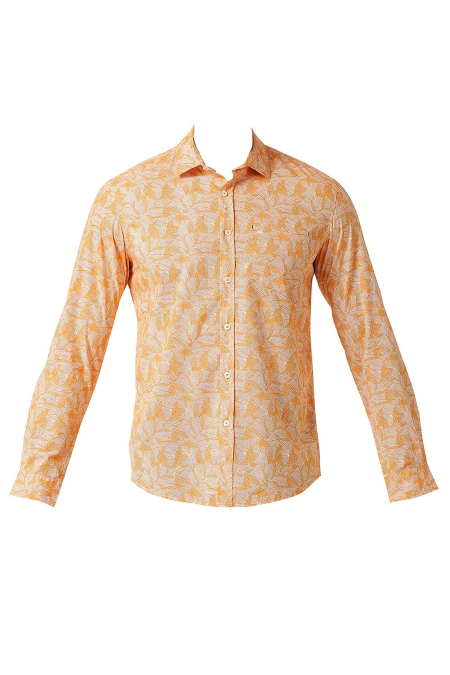 BASICS SLIM FIT APRICOT ORANGE COTTON POPLIN PRINTED SHIRT