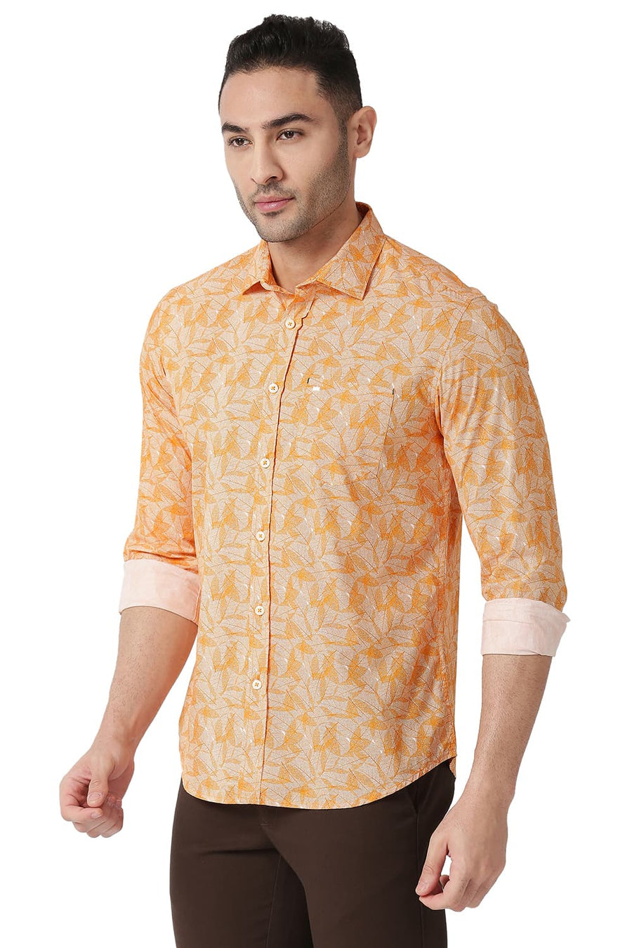 BASICS SLIM FIT APRICOT ORANGE COTTON POPLIN PRINTED SHIRT