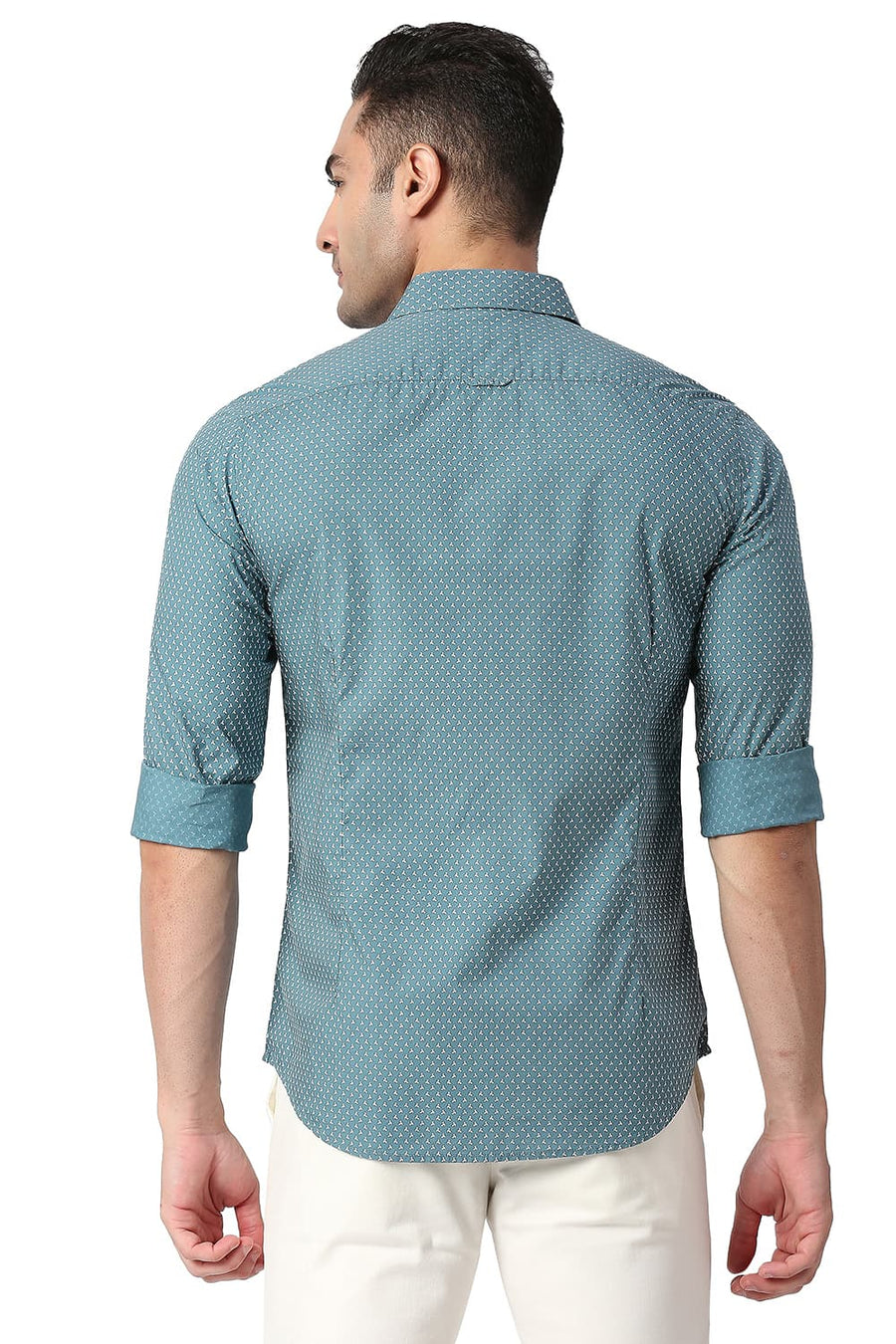 BASICS SLIM FIT BRITTANY TURQUOISE COTTON POPLIN PRINTED SHIRT