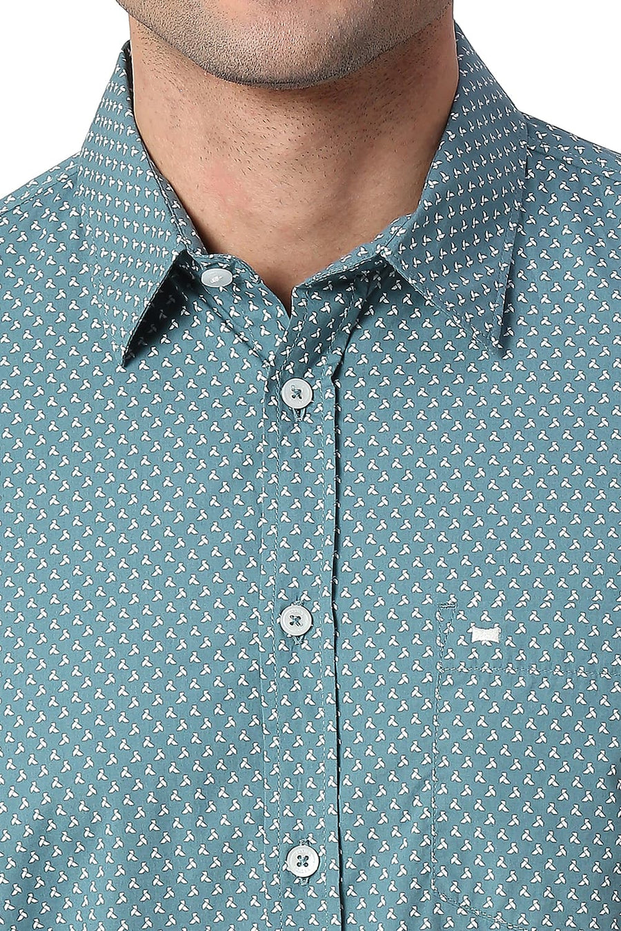 BASICS SLIM FIT BRITTANY TURQUOISE COTTON POPLIN PRINTED SHIRT