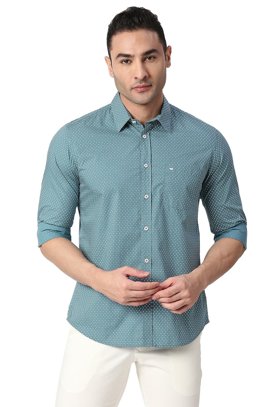 BASICS SLIM FIT BRITTANY TURQUOISE COTTON POPLIN PRINTED SHIRT