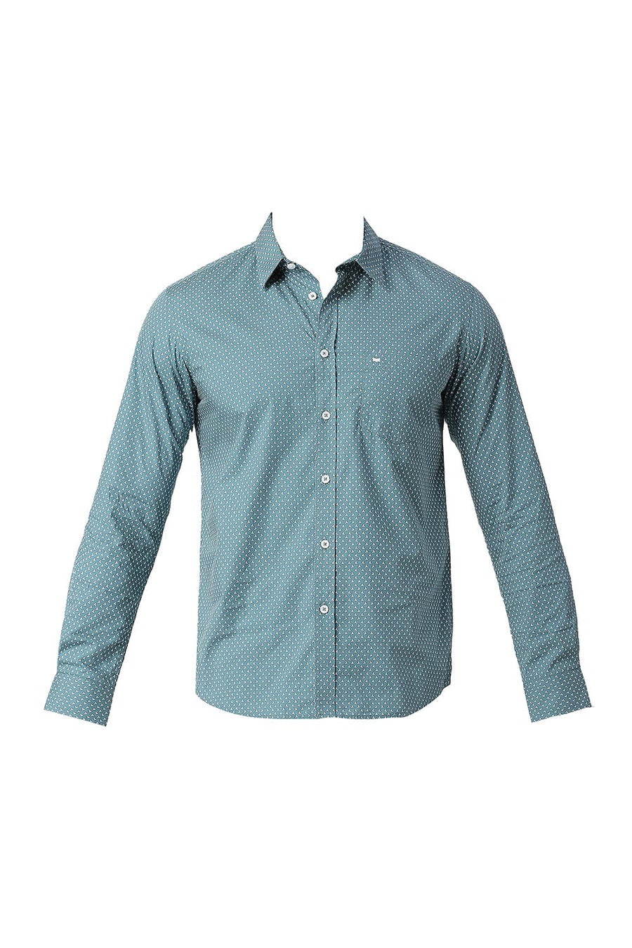 BASICS SLIM FIT BRITTANY TURQUOISE COTTON POPLIN PRINTED SHIRT