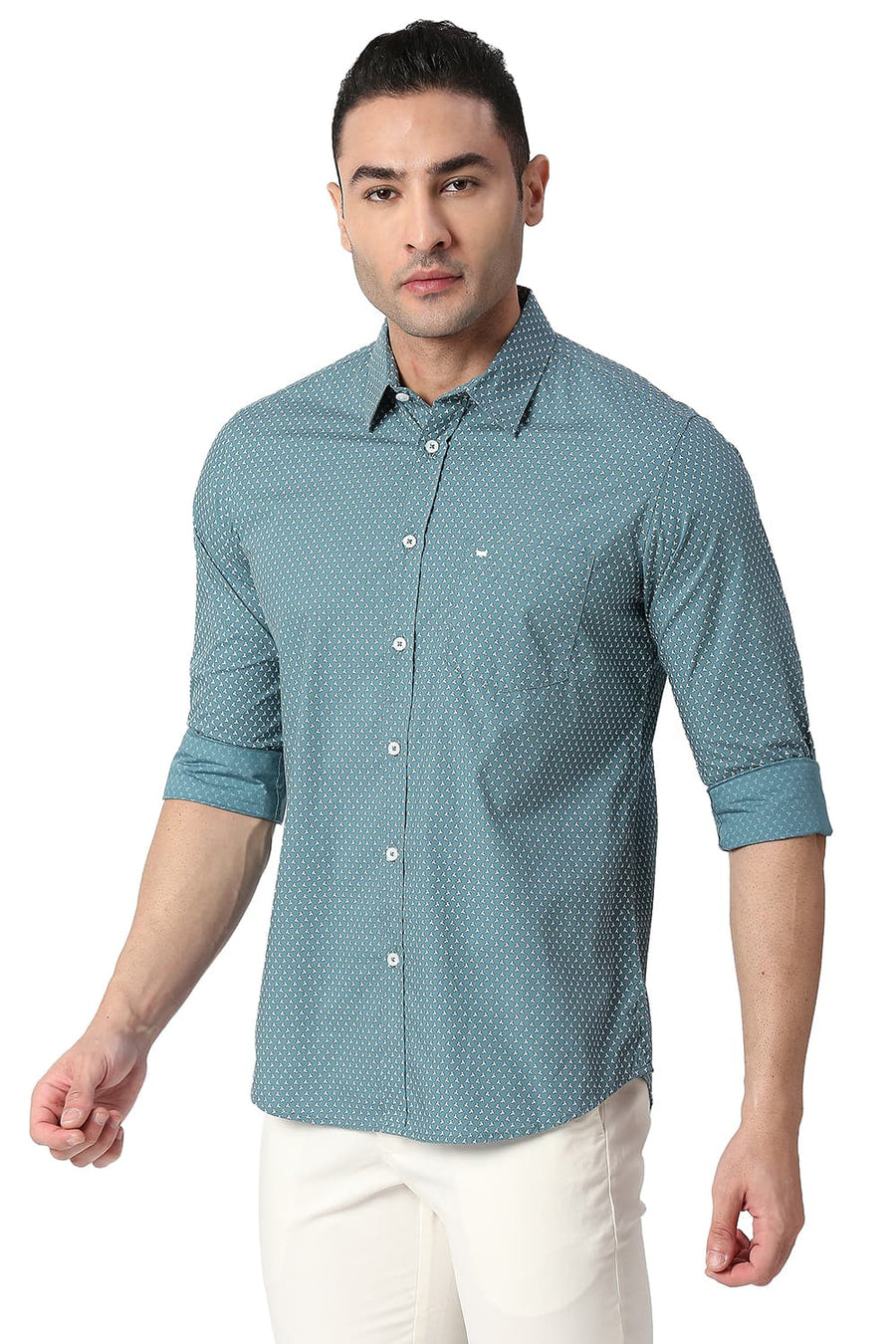 BASICS SLIM FIT BRITTANY TURQUOISE COTTON POPLIN PRINTED SHIRT