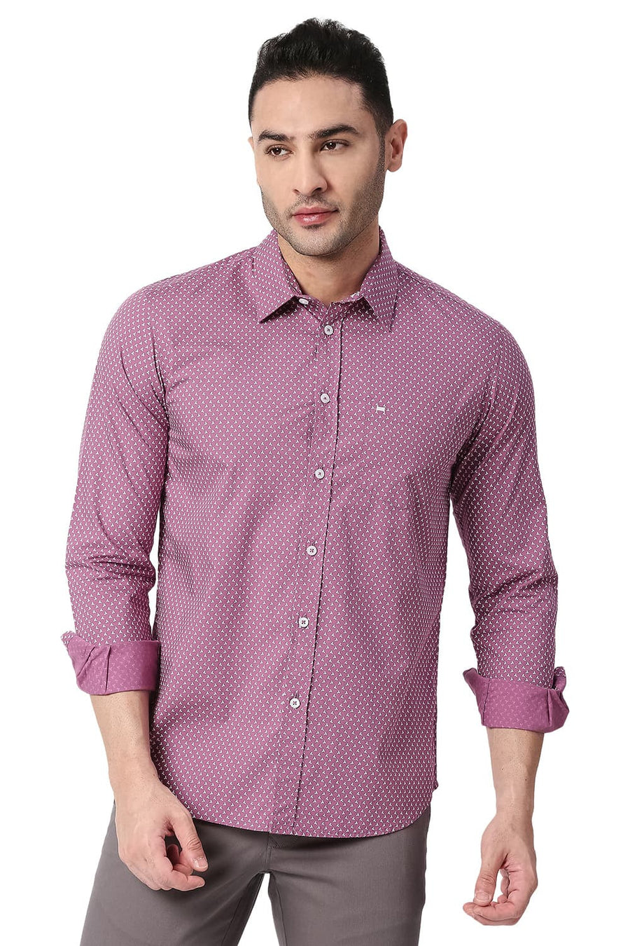 BASICS SLIM FIT PALE PINK COTTON POPLIN PRINTED SHIRT