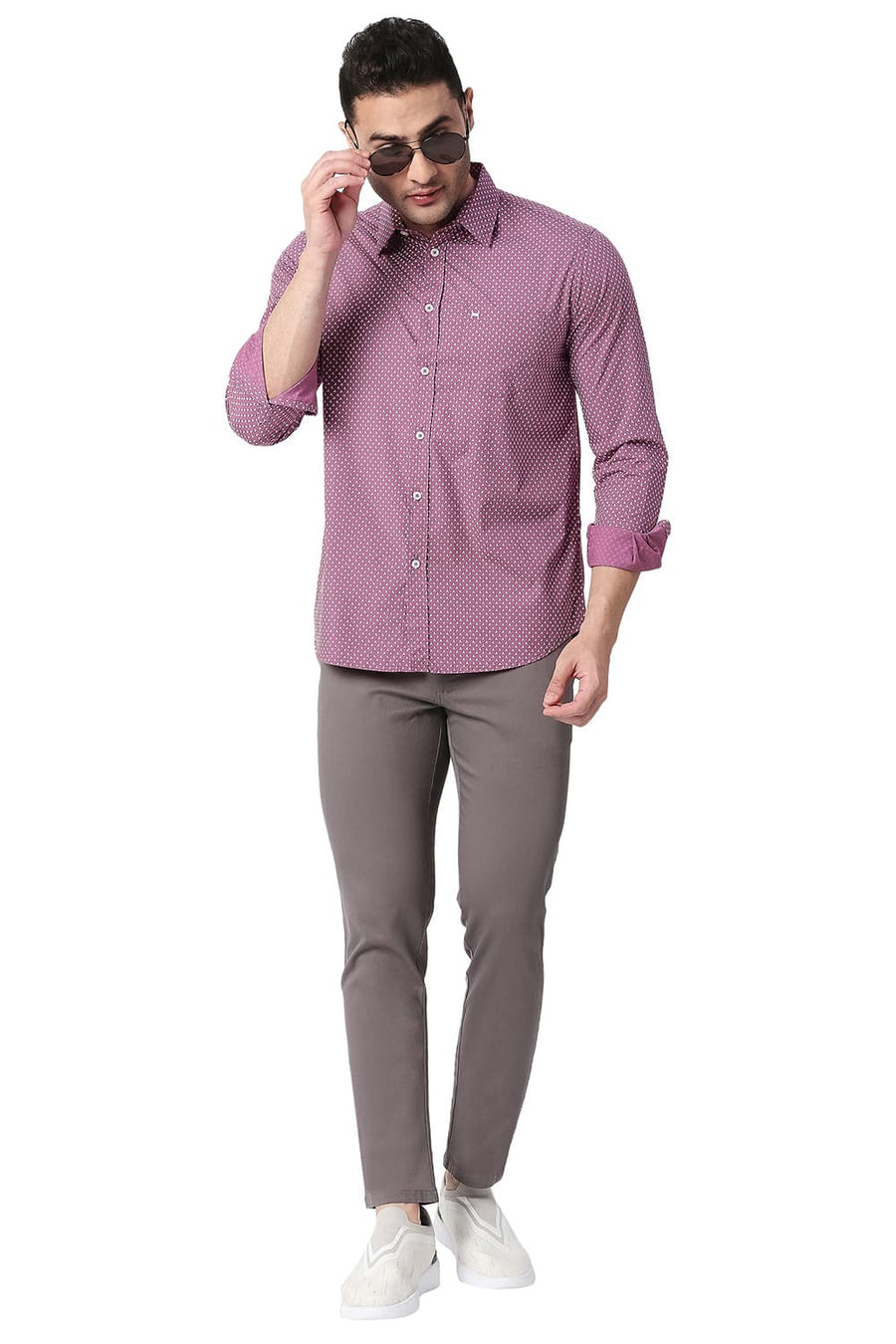 BASICS SLIM FIT PALE PINK COTTON POPLIN PRINTED SHIRT
