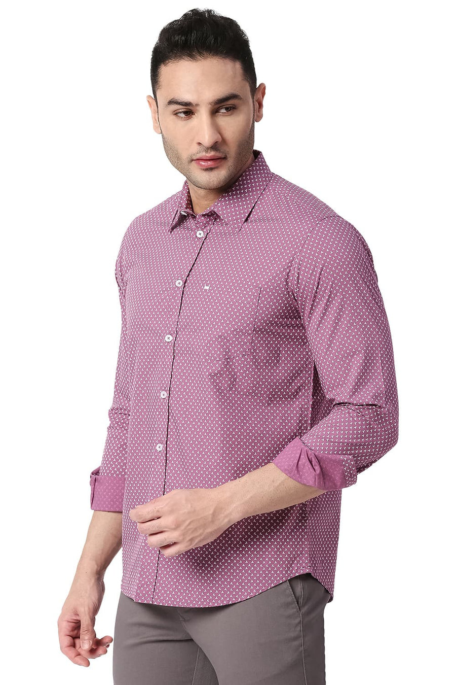 BASICS SLIM FIT PALE PINK COTTON POPLIN PRINTED SHIRT