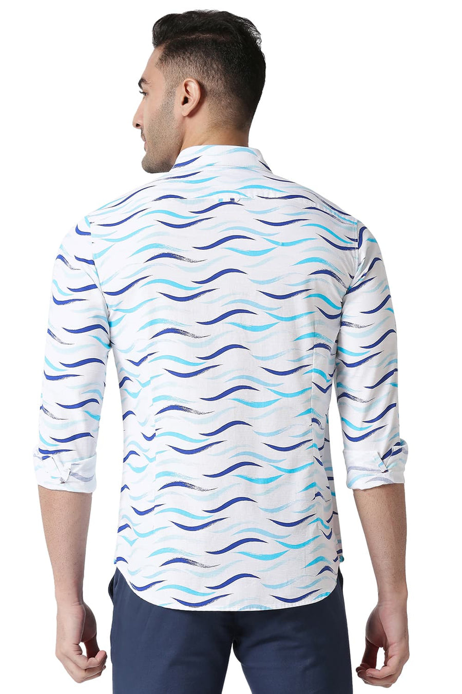 BASICS SLIM FIT COASTAL BLUE COTTON SLUB PRINTED SHIRT