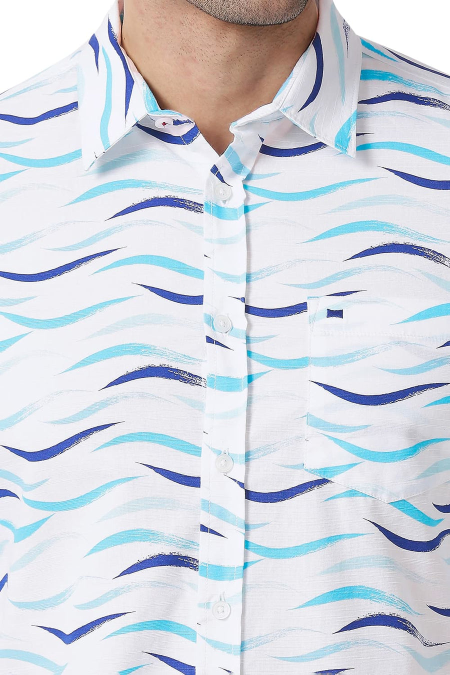 BASICS SLIM FIT COASTAL BLUE COTTON SLUB PRINTED SHIRT