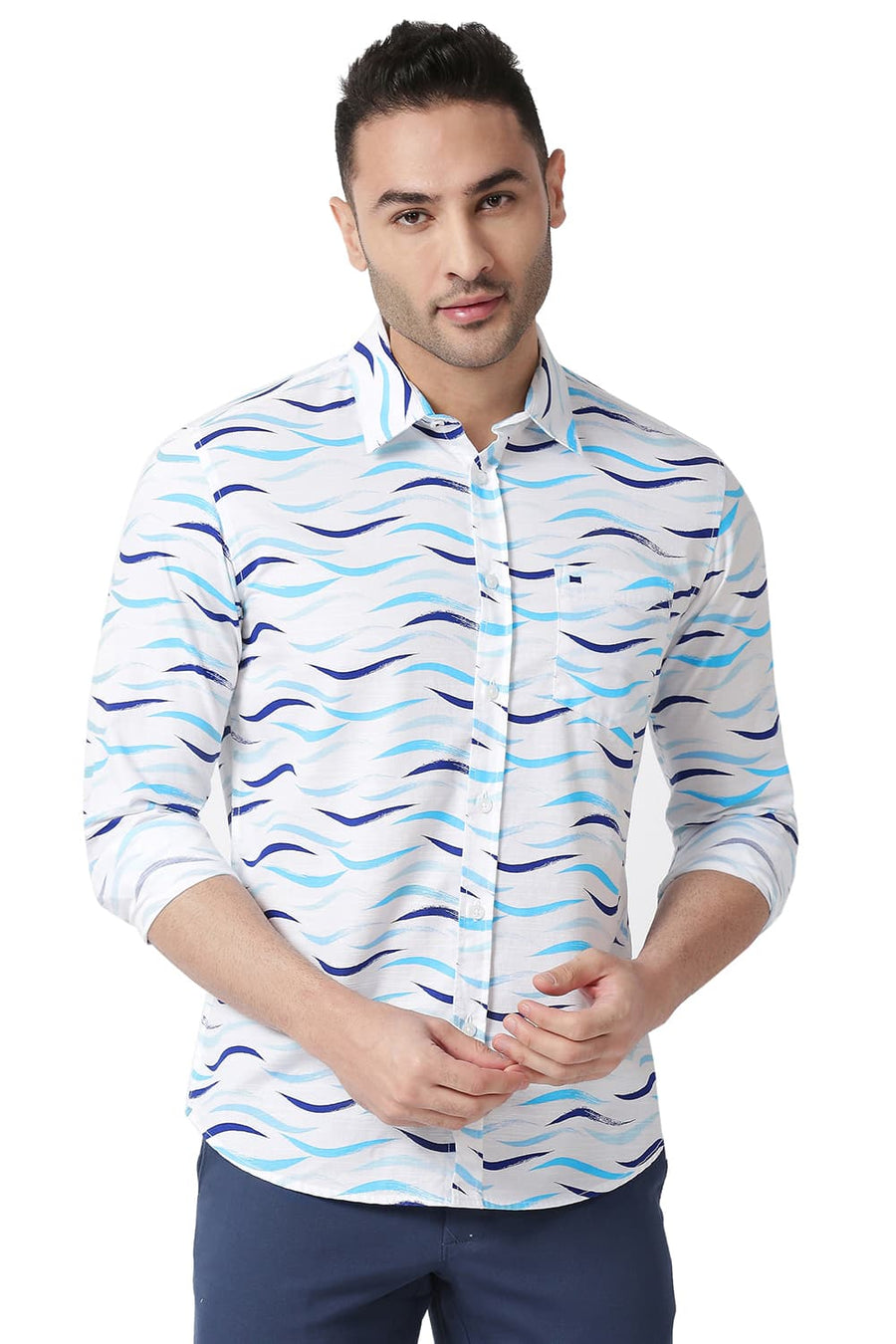 BASICS SLIM FIT COASTAL BLUE COTTON SLUB PRINTED SHIRT
