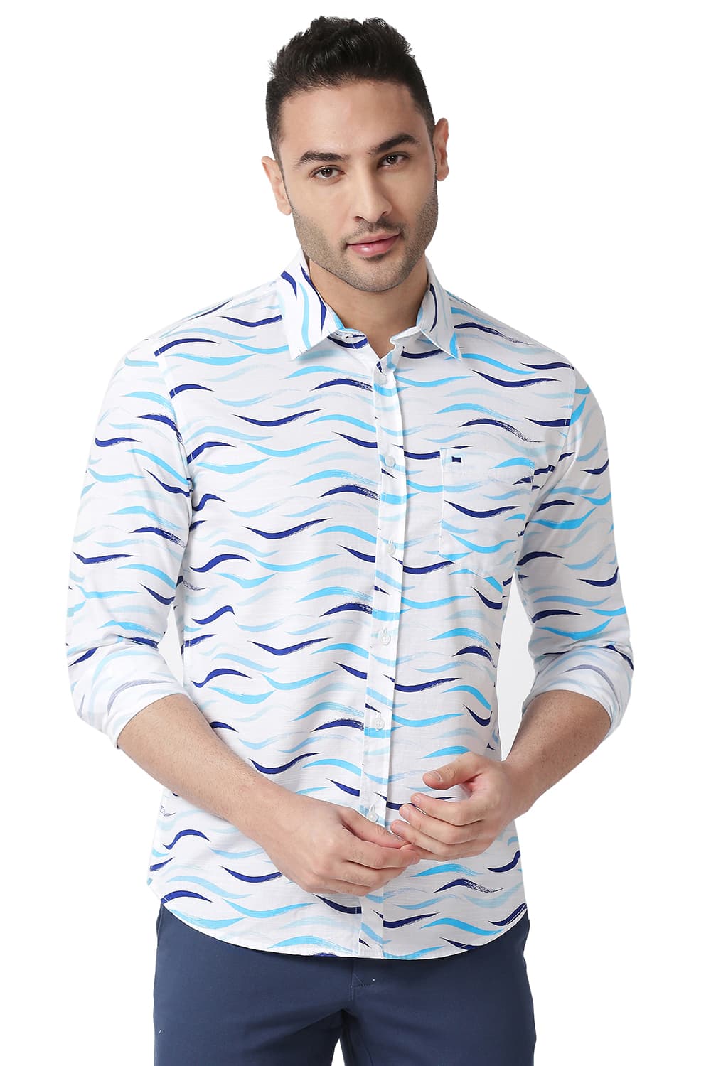 BASICS SLIM FIT COTTON SLUB PRINTED SHIRT