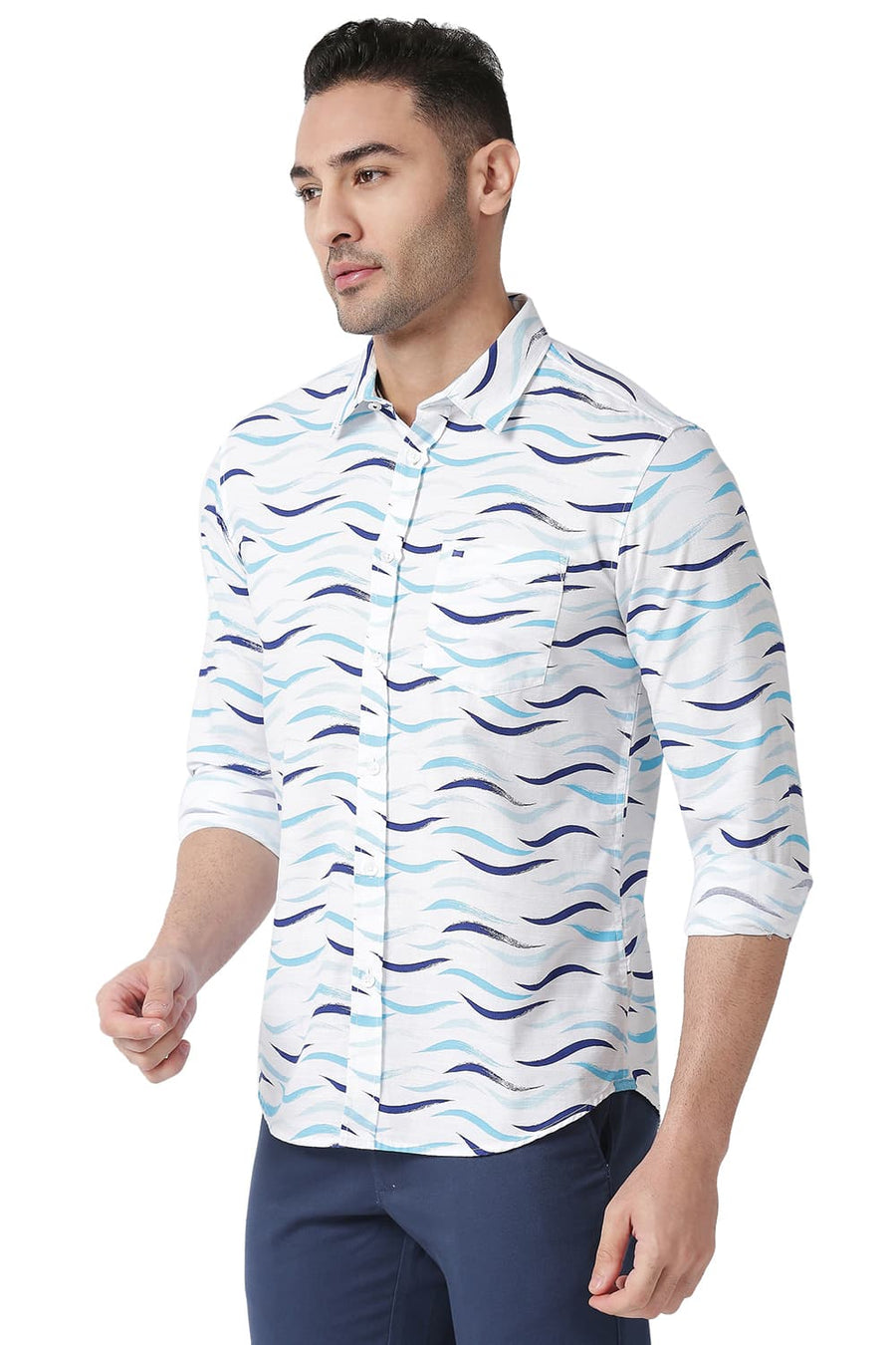 BASICS SLIM FIT COASTAL BLUE COTTON SLUB PRINTED SHIRT