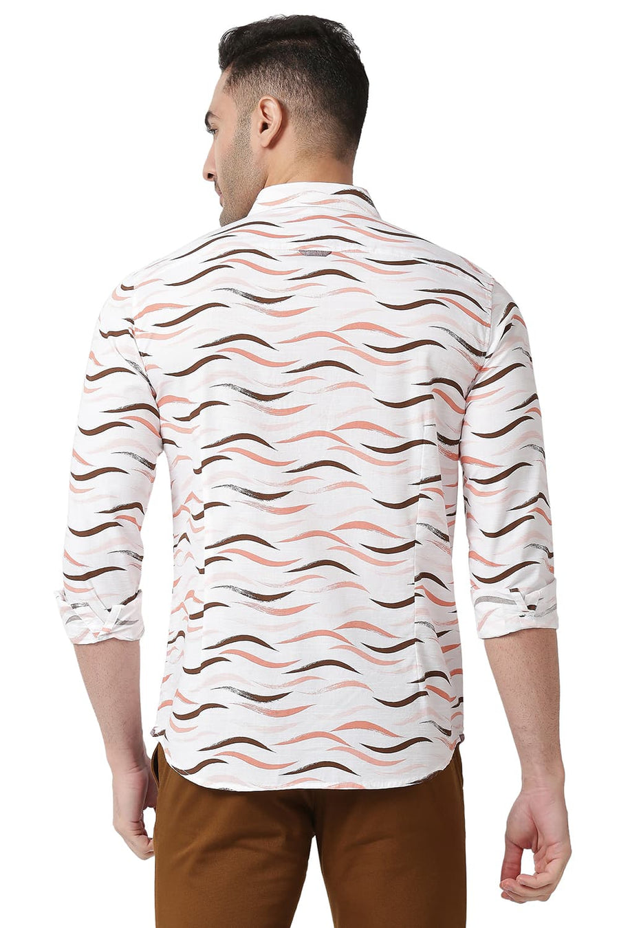 BASICS SLIM FIT GINGER ORANGE COTTON SLUB PRINTED SHIRT