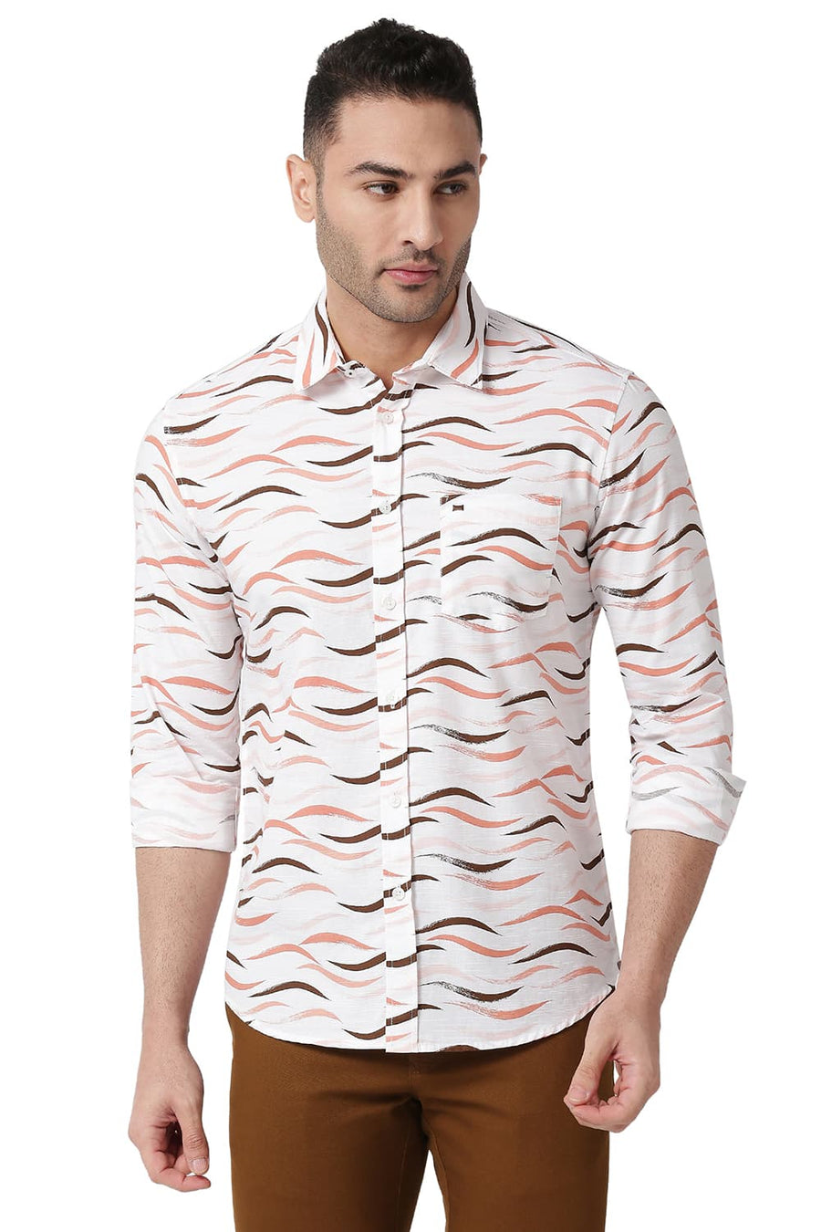 BASICS SLIM FIT GINGER ORANGE COTTON SLUB PRINTED SHIRT