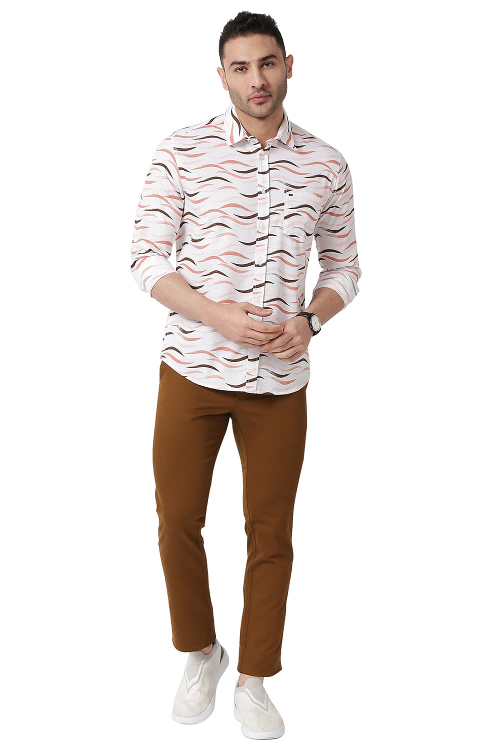 BASICS SLIM FIT COTTON SLUB PRINTED SHIRT