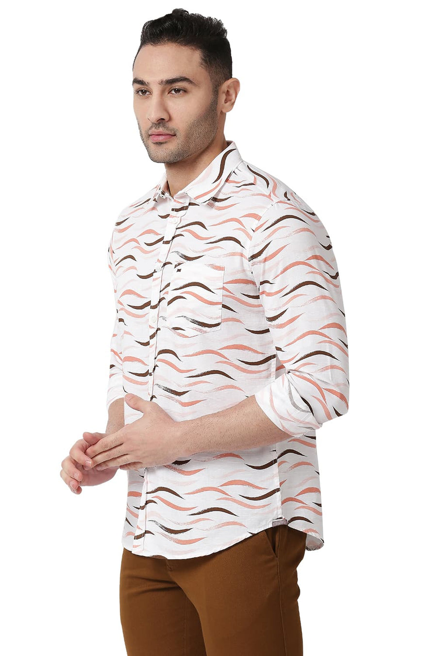 BASICS SLIM FIT GINGER ORANGE COTTON SLUB PRINTED SHIRT