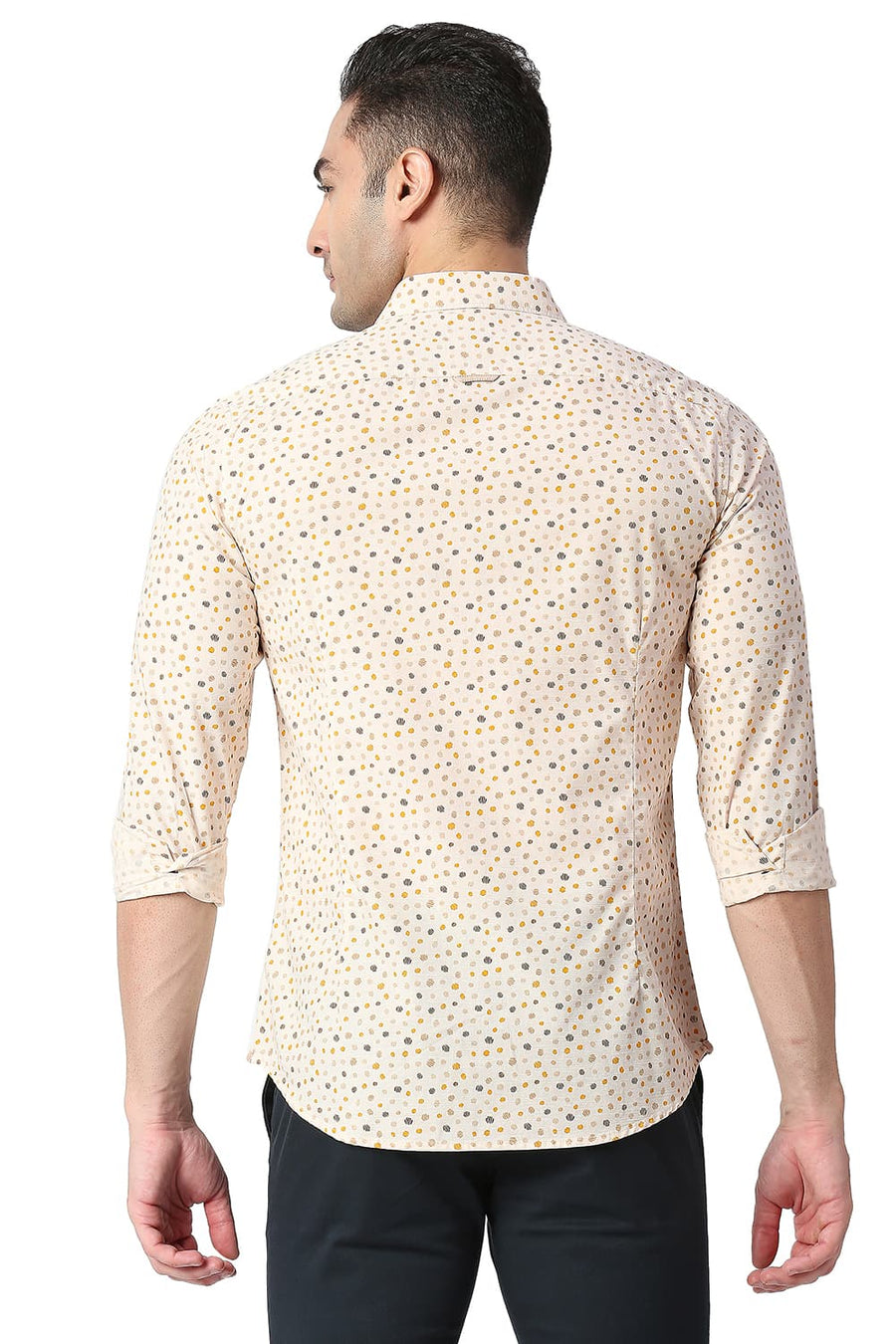 BASICS SLIM FIT WARM BEIGE COTTON SLUB PRINTED SHIRT