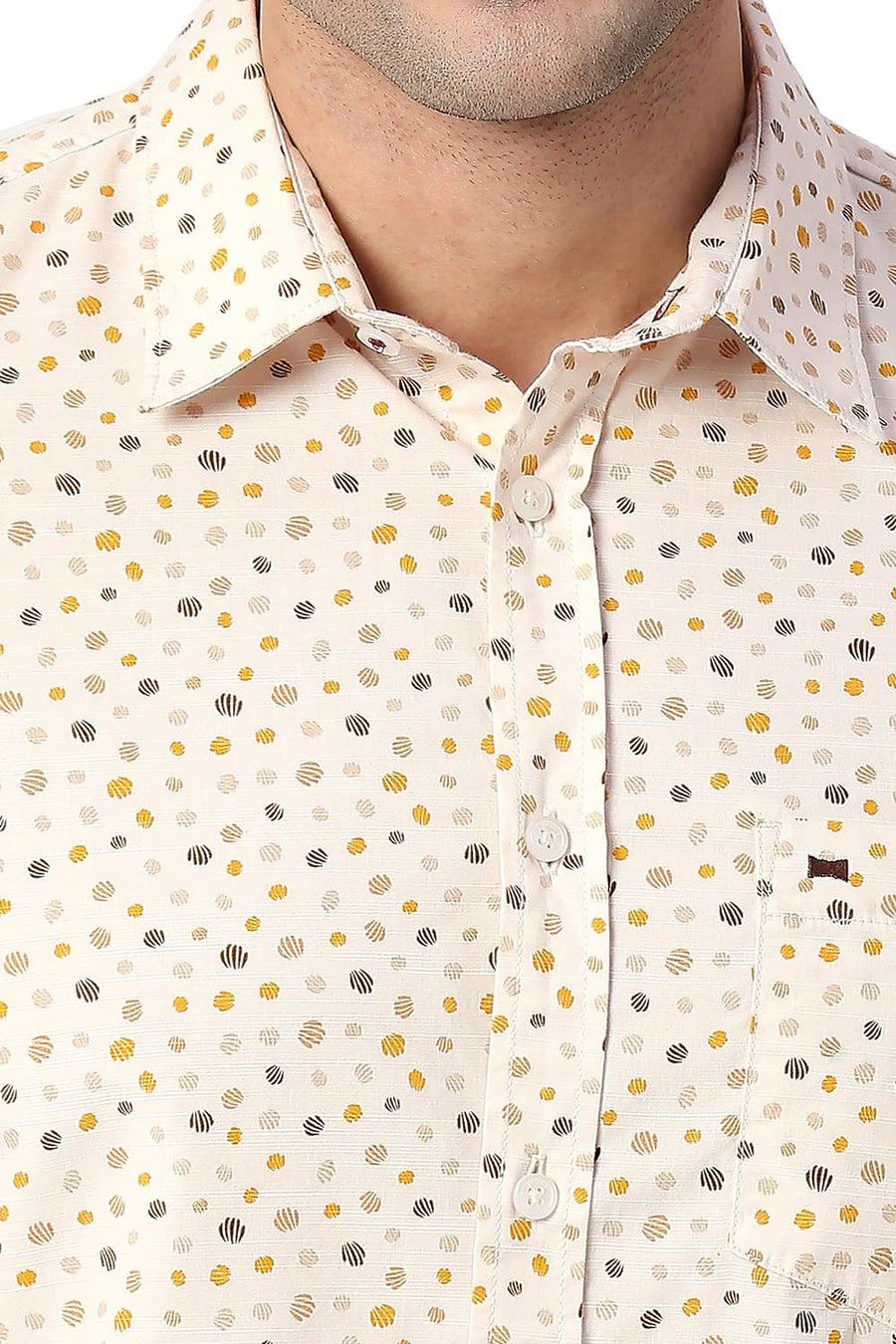 BASICS SLIM FIT WARM BEIGE COTTON SLUB PRINTED SHIRT