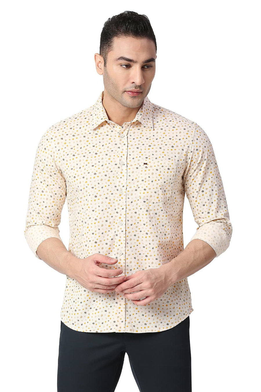BASICS SLIM FIT WARM BEIGE COTTON SLUB PRINTED SHIRT