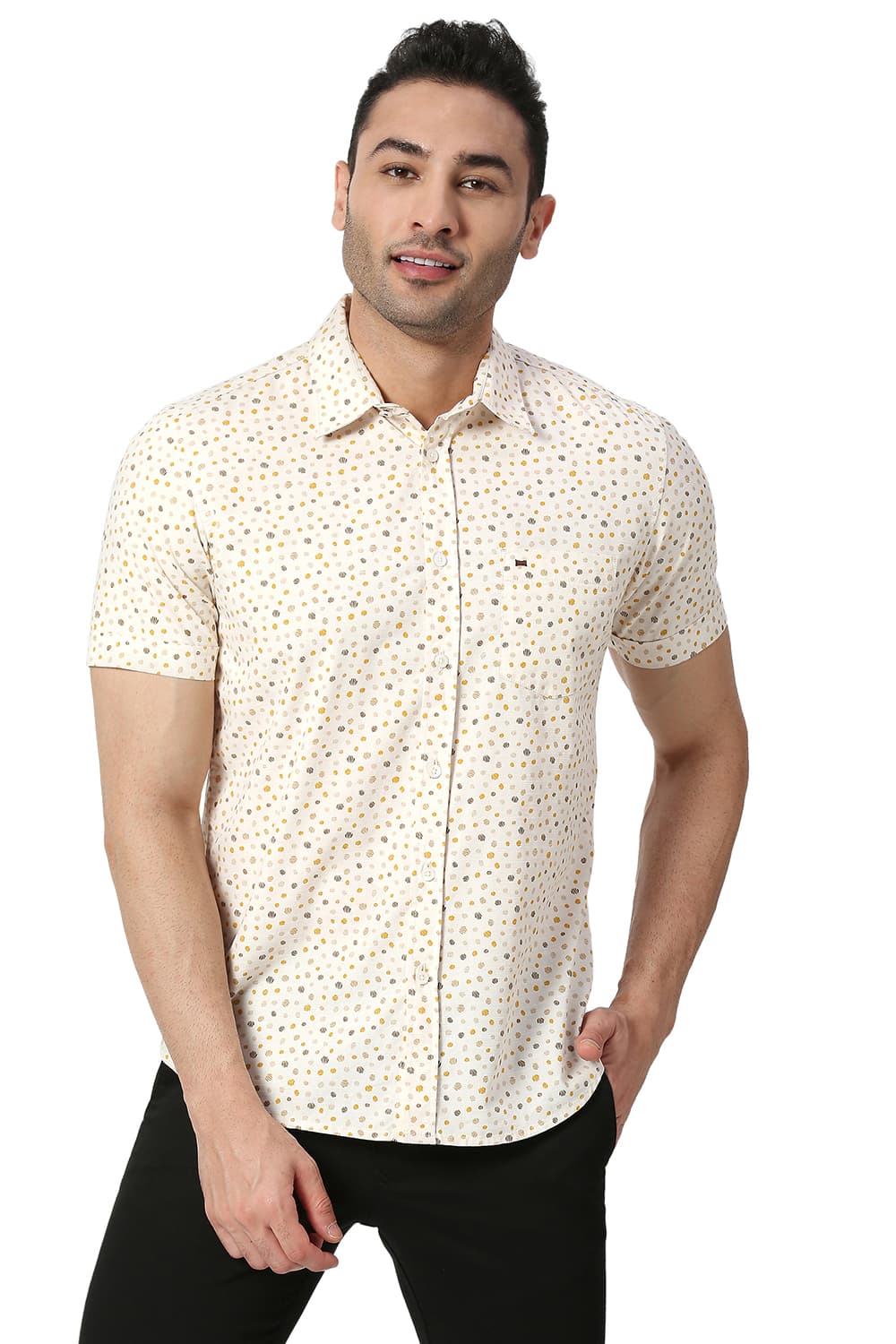 BASICS SLIM FIT COTTON SLUB PRINTED SHIRT