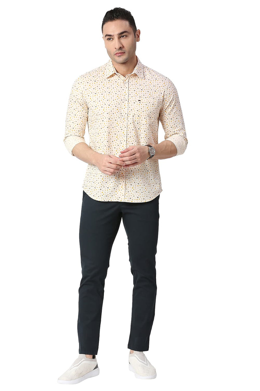 BASICS SLIM FIT WARM BEIGE COTTON SLUB PRINTED SHIRT