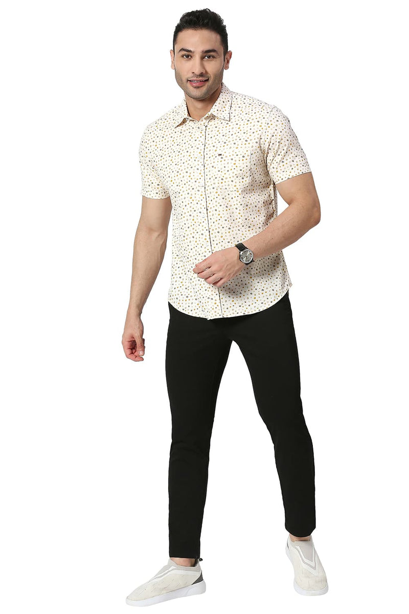 BASICS SLIM FIT COTTON SLUB PRINTED HALFSLEEVES SHIRT