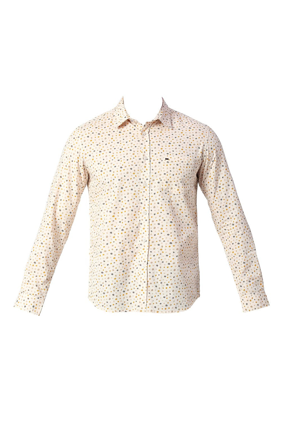 BASICS SLIM FIT WARM BEIGE COTTON SLUB PRINTED SHIRT