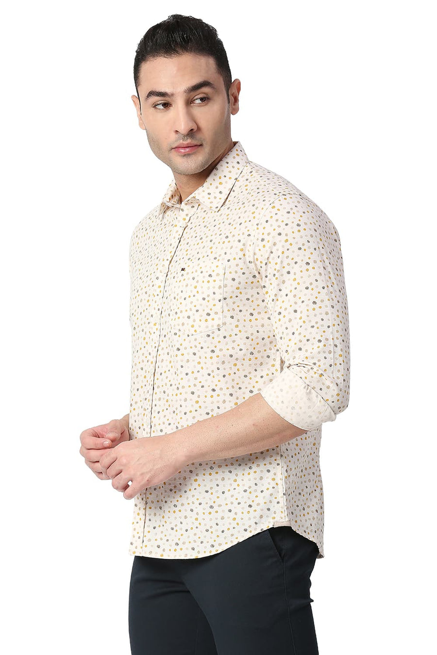 BASICS SLIM FIT WARM BEIGE COTTON SLUB PRINTED SHIRT