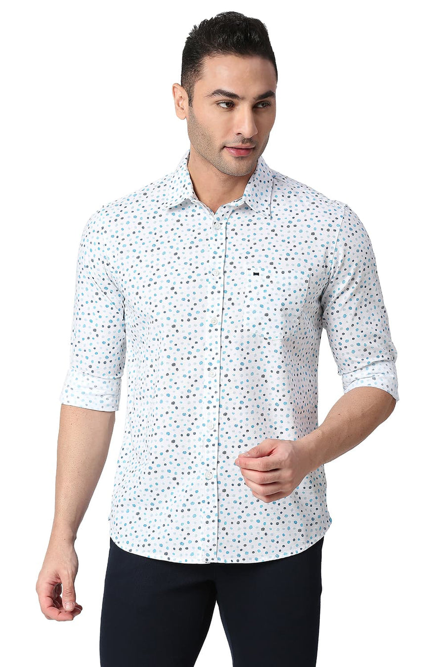 BASICS SLIM FIT SNOW WHITE COTTON SLUB PRINTED SHIRT