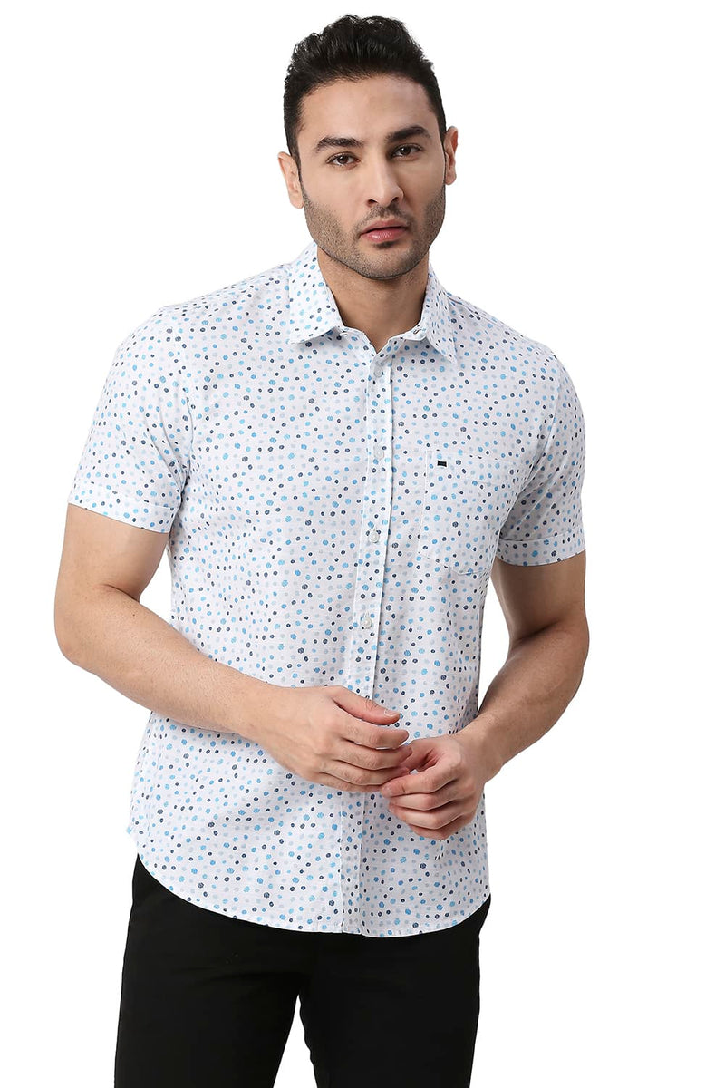 BASICS SLIM FIT COTTON SLUB PRINTED HALFSLEEVES SHIRT