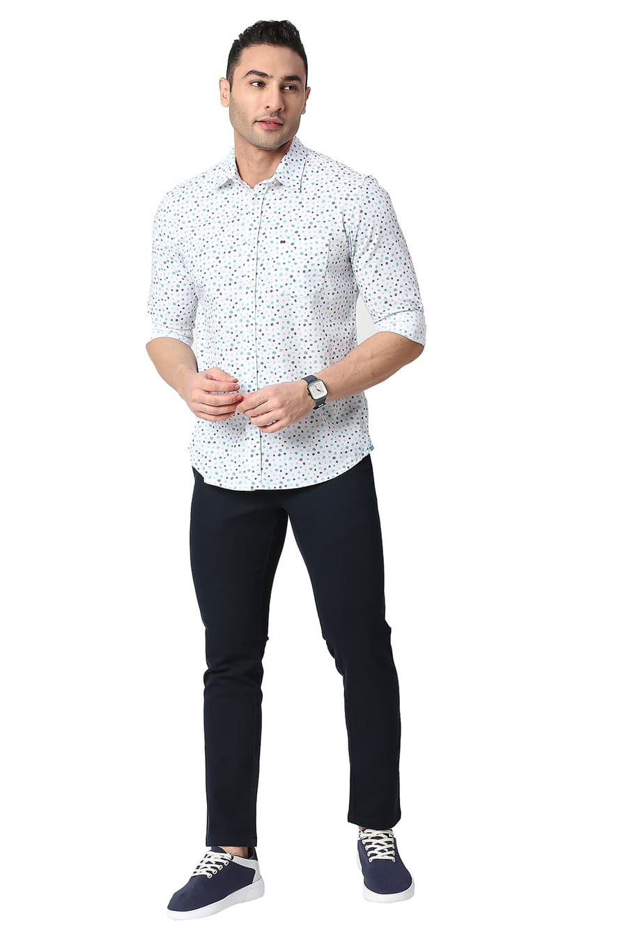 BASICS SLIM FIT SNOW WHITE COTTON SLUB PRINTED SHIRT