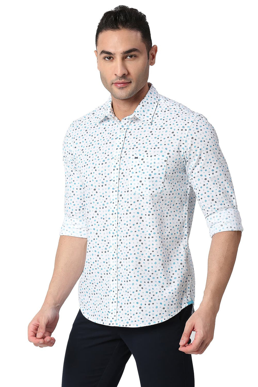 BASICS SLIM FIT SNOW WHITE COTTON SLUB PRINTED SHIRT