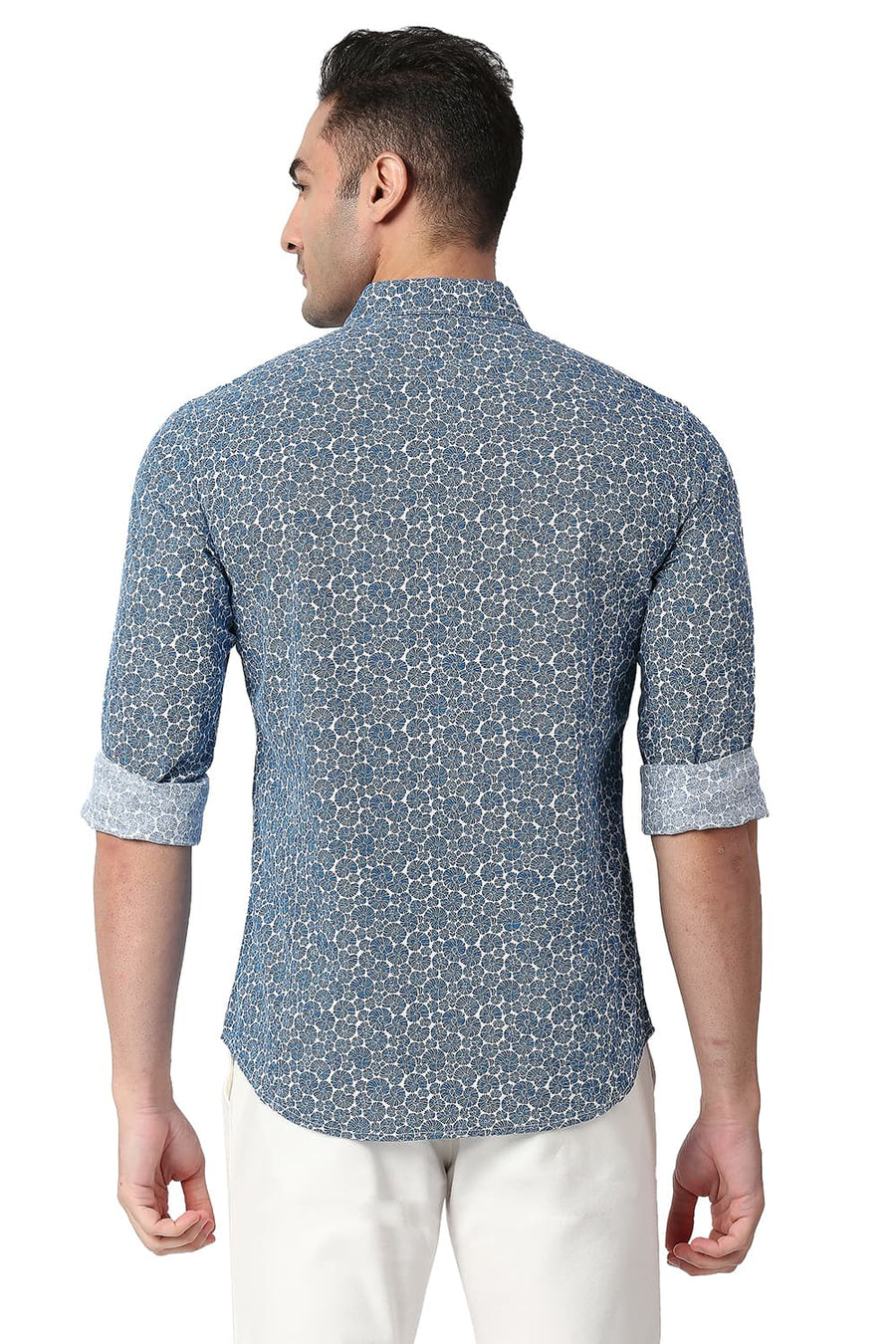 BASICS SLIM FIT DEEP BLUE COTTON SLUB PRINTED SHIRT