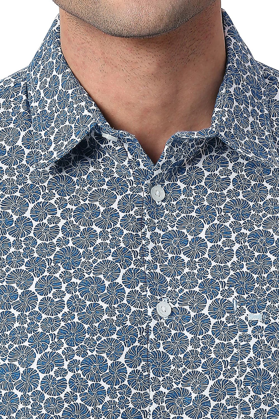 BASICS SLIM FIT DEEP BLUE COTTON SLUB PRINTED SHIRT