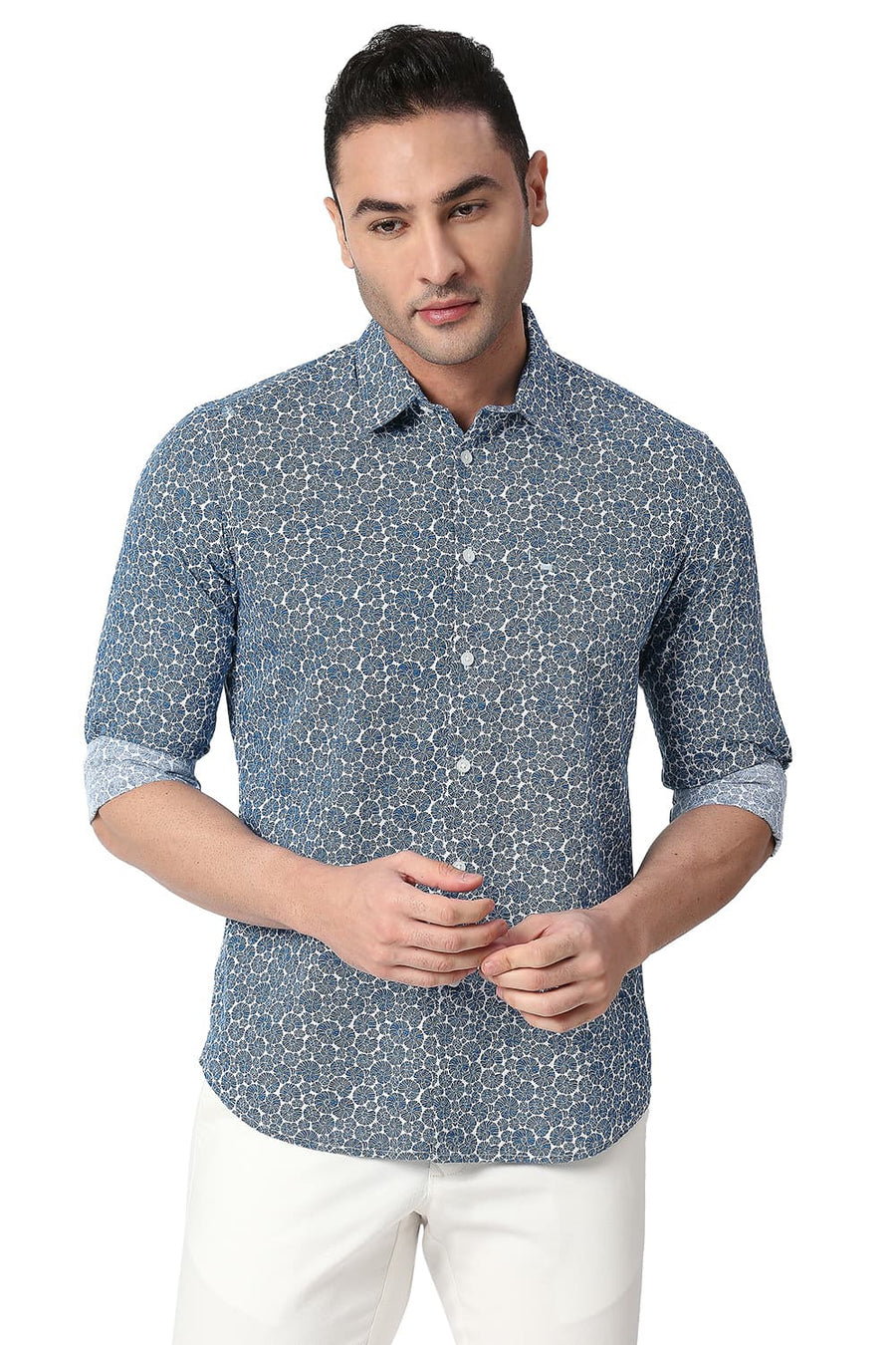 BASICS SLIM FIT DEEP BLUE COTTON SLUB PRINTED SHIRT