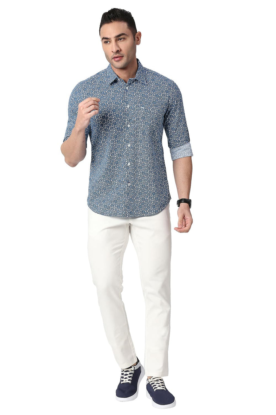 BASICS SLIM FIT DEEP BLUE COTTON SLUB PRINTED SHIRT