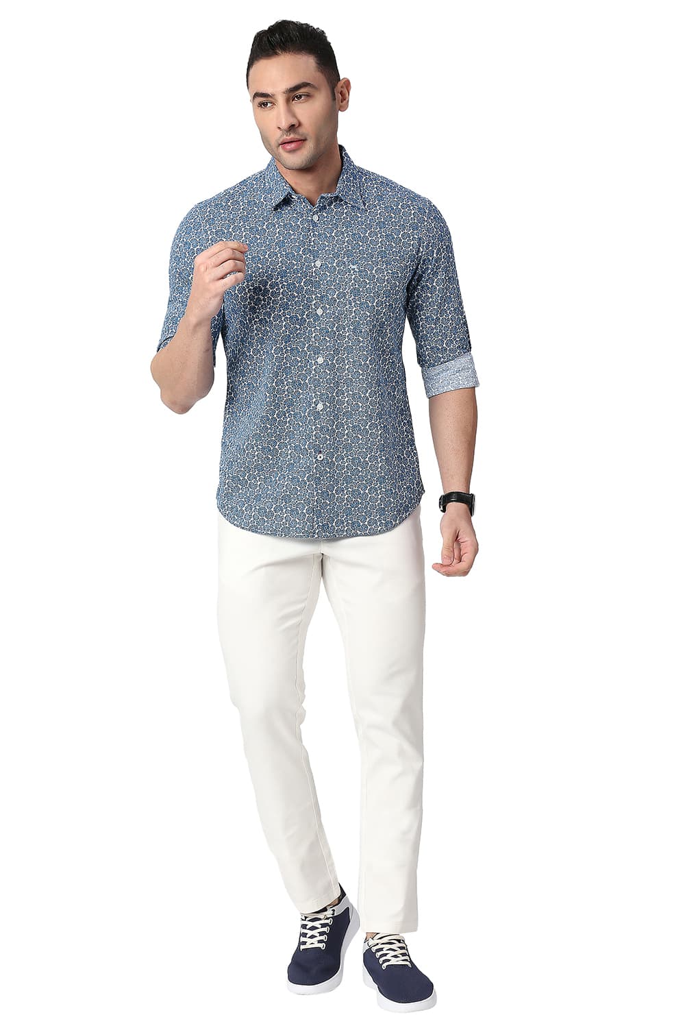 BASICS SLIM FIT COTTON SLUB PRINTED SHIRT