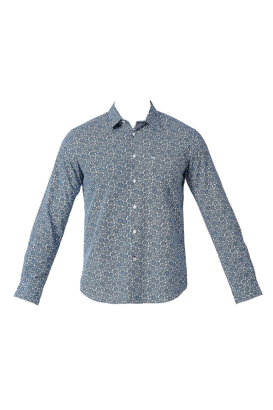 BASICS SLIM FIT DEEP BLUE COTTON SLUB PRINTED SHIRT