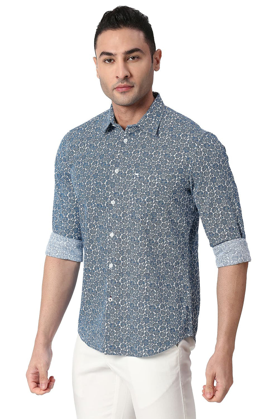 BASICS SLIM FIT DEEP BLUE COTTON SLUB PRINTED SHIRT