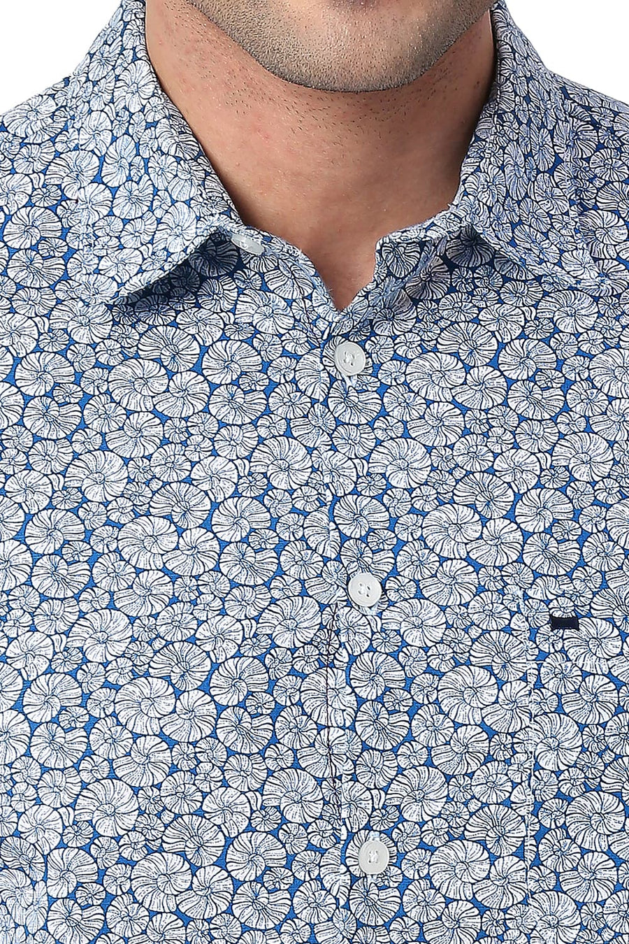 BASICS SLIM FIT BLANC DE WHITE COTTON SLUB PRINTED SHIRT